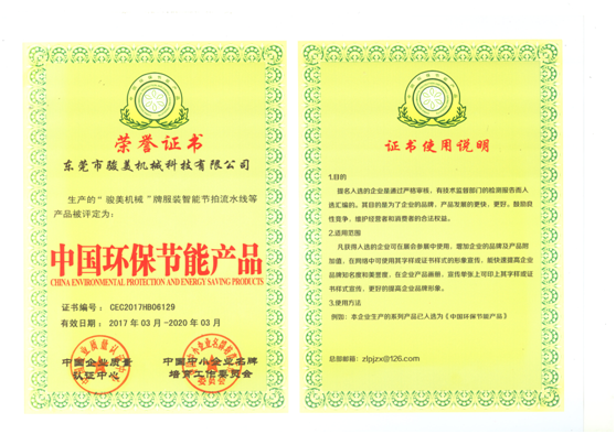 Honorary Certificate of “China Environmental Protection and Energy Conservation Products”